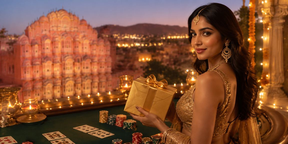 Festive casino scene in India with decorative lights